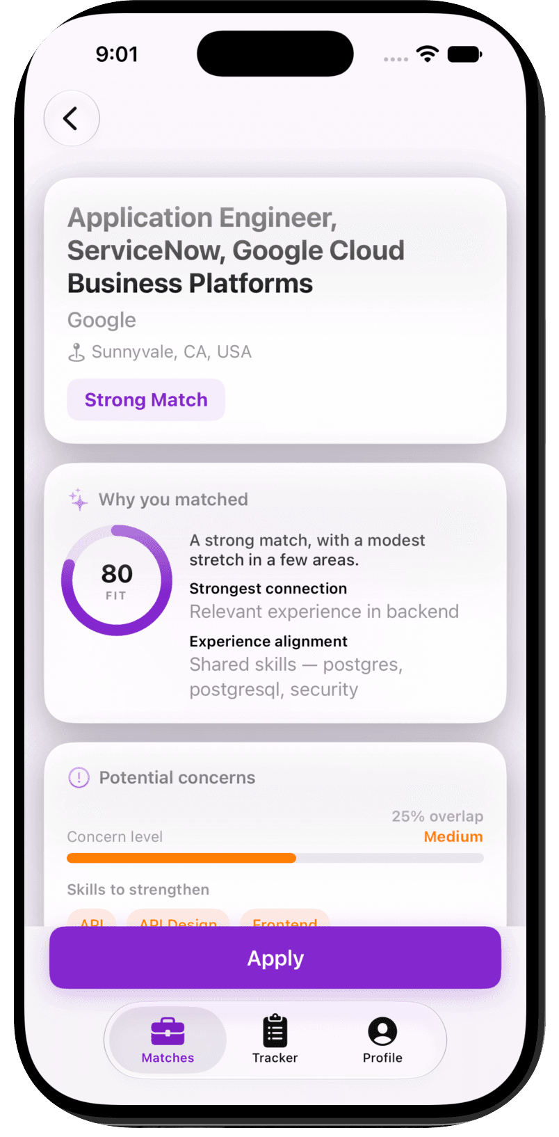 Seeker for iPhone showing current match intelligence for a role