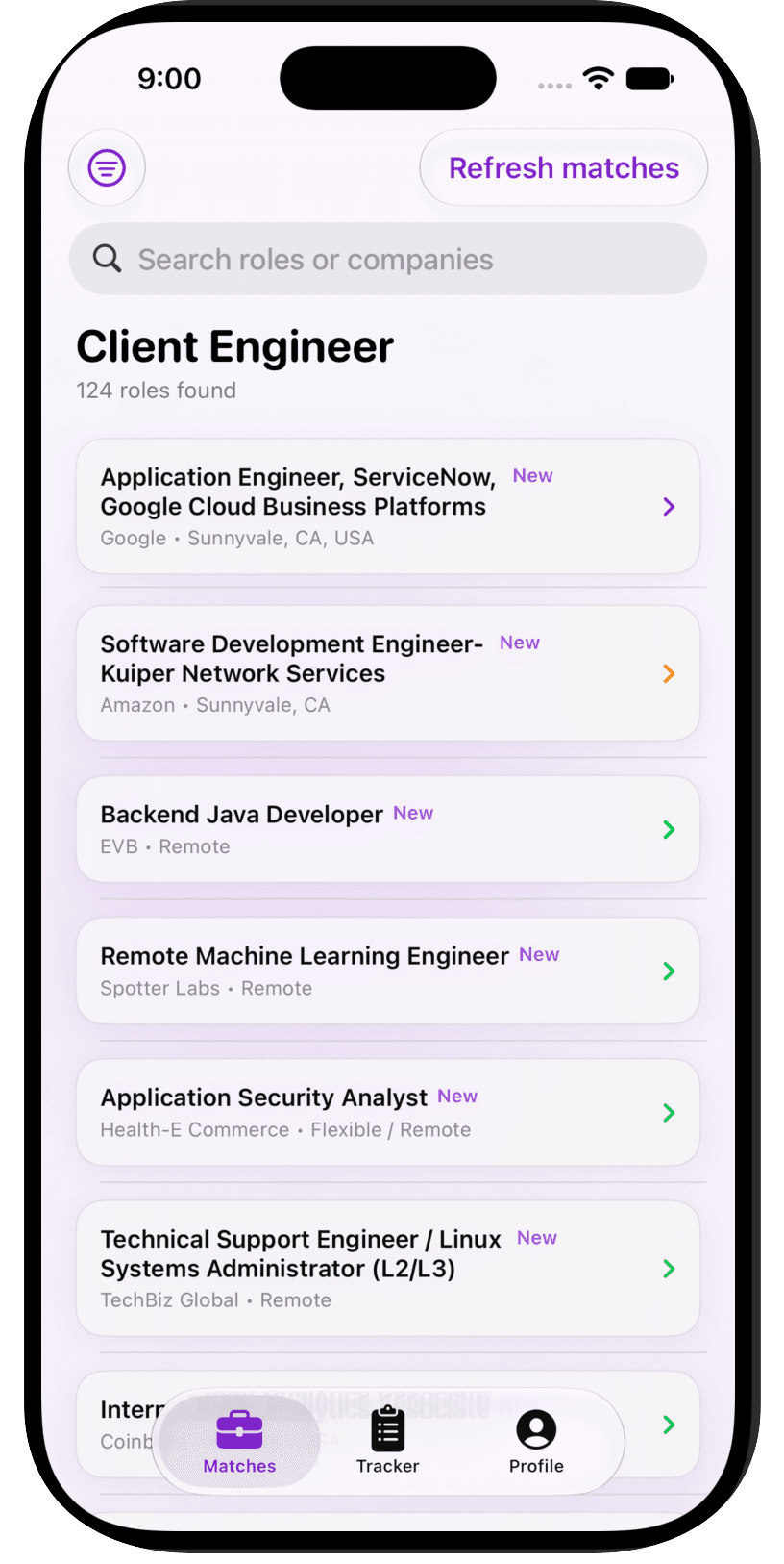 Seeker for iPhone showing current ranked job matches