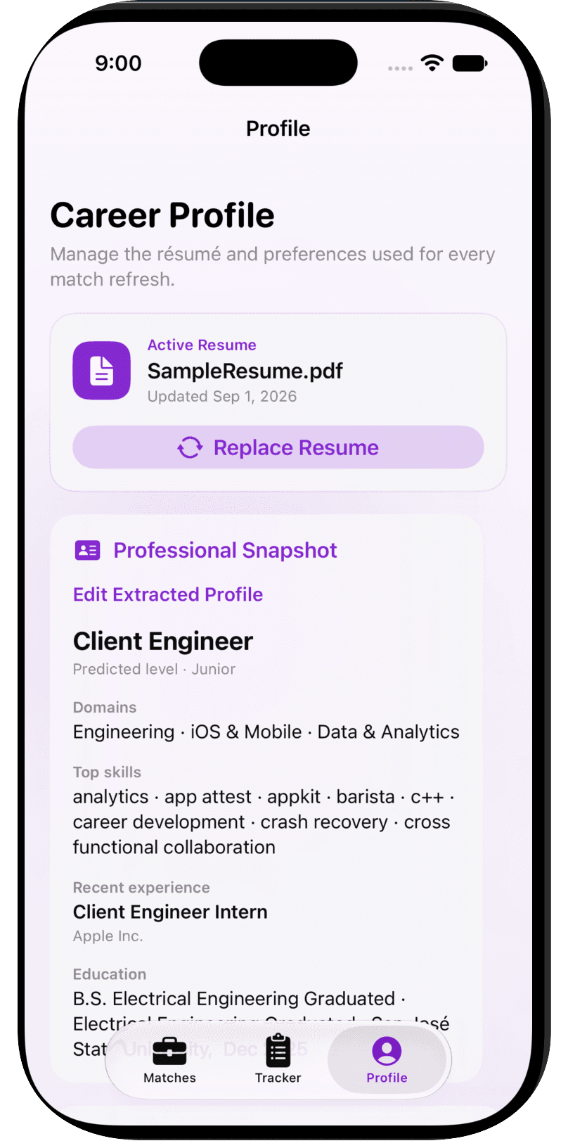Seeker for iPhone showing the career profile screen