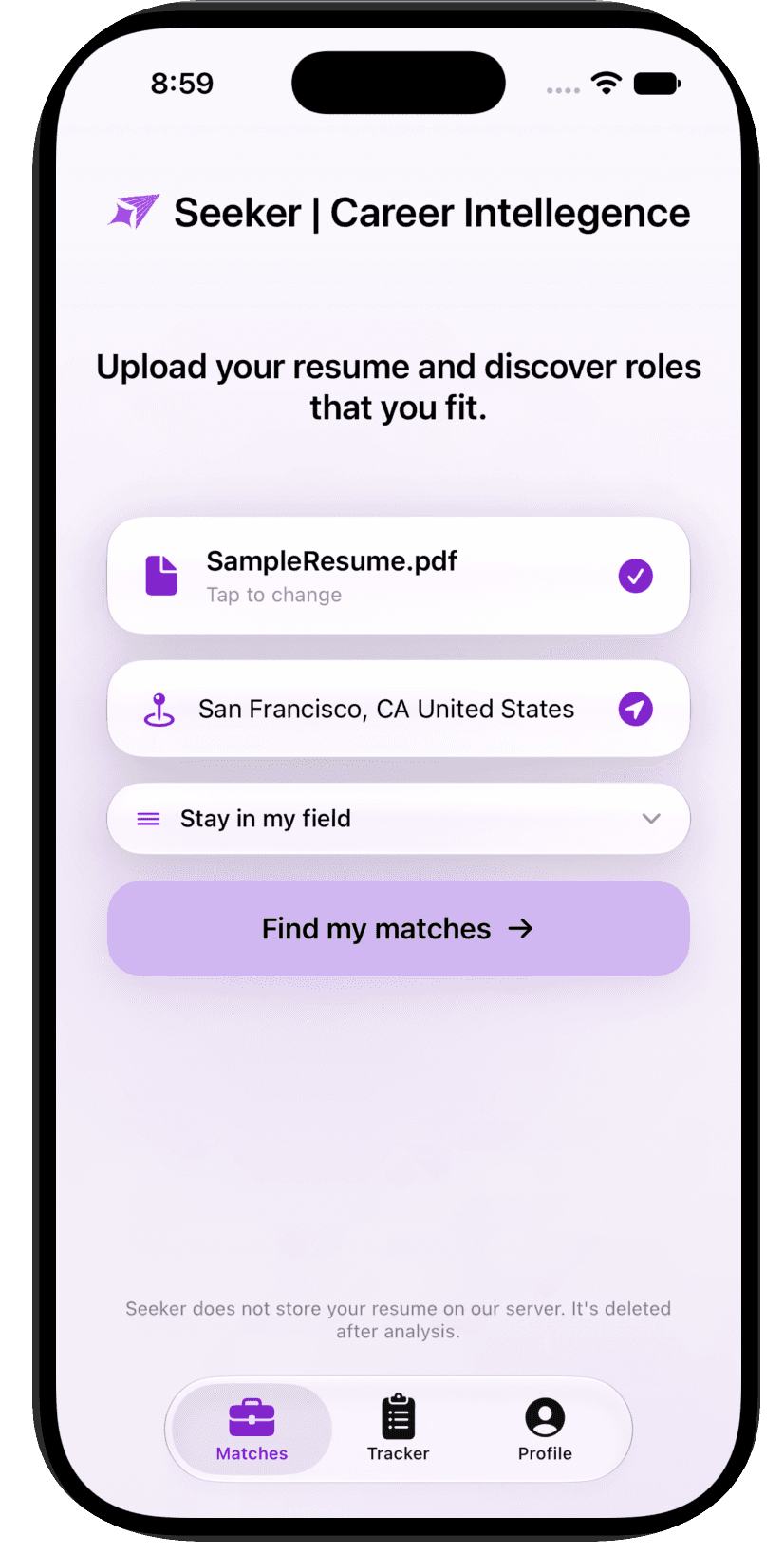 Seeker on iPhone showing the current resume setup screen